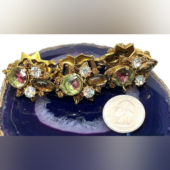 Florenza Watermelon Glass AB Rhinestones Link Signed Vintage 1960's Bracelet - Picture 5 of 16